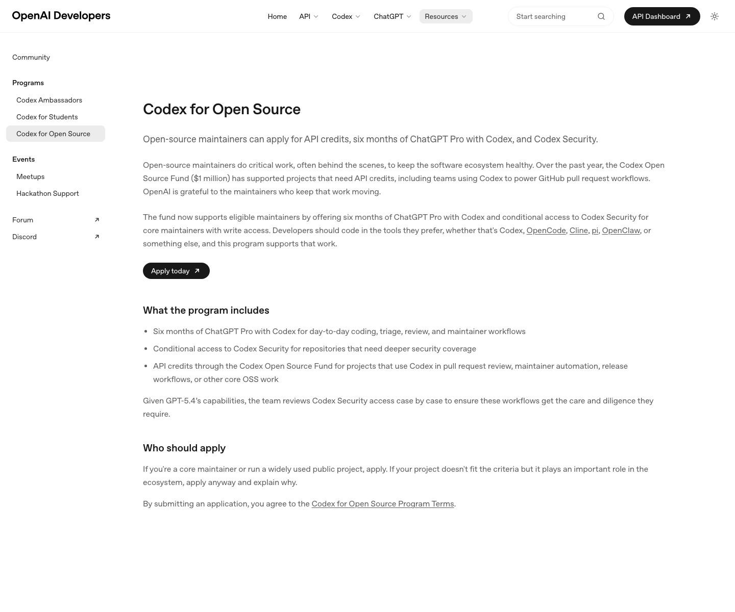 OpenAI Developers Codex for Open Source official page screenshot